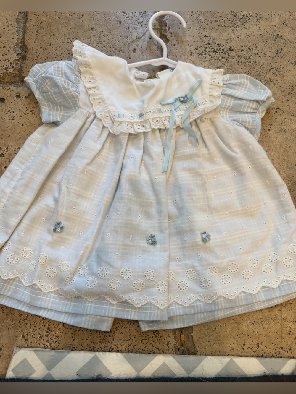 Vintage Baby Blue Eyelet Dress with Lace Collar and Bow